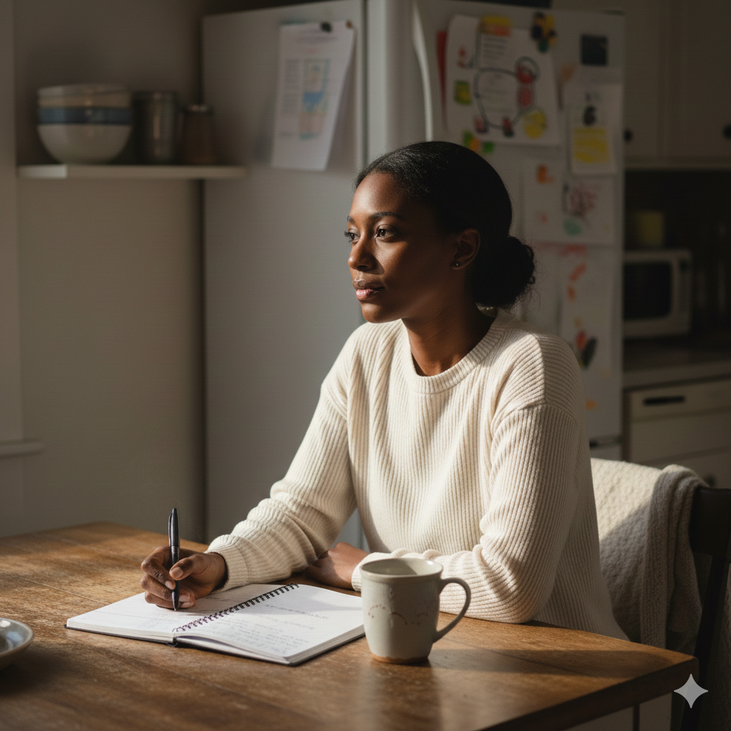 Mom sitting at a kitchen table in soft natural light, writing in a planner with a pen and coffee mug nearby, representing managing mental load and planning routines in January.